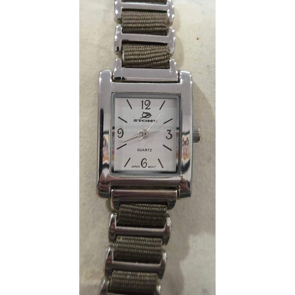 Stone Quartz Japanese Movement Women's Rectangle Face Watch Silver‎ Tone Band